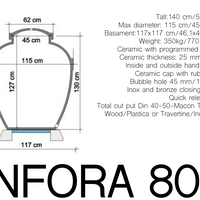 Dibujo técnico de ánfora Sirio 800 L: altura 140 cm, diámetro 115 cm, base 117×117 cm, boca de 45 cm y espesor de 25 mm.
