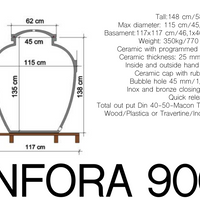 Esquema de corte de ánfora Sirio 900 L con dimensiones: 148 cm de altura total, 115 cm de diámetro, base de 117×117 cm y espesor de cerámica de 25 mm.