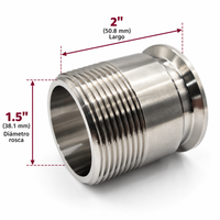 Adaptador Tri-Clamp 1.5" a rosca macho 1-1/2" de acero inoxidable de 2" de alto