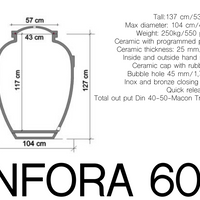 Esquema de corte de ánfora Sirio 600 L con dimensiones: 137 cm de altura, 104 cm de diámetro máximo, interior de 117 cm y bolsa de llenado de 45 mm.