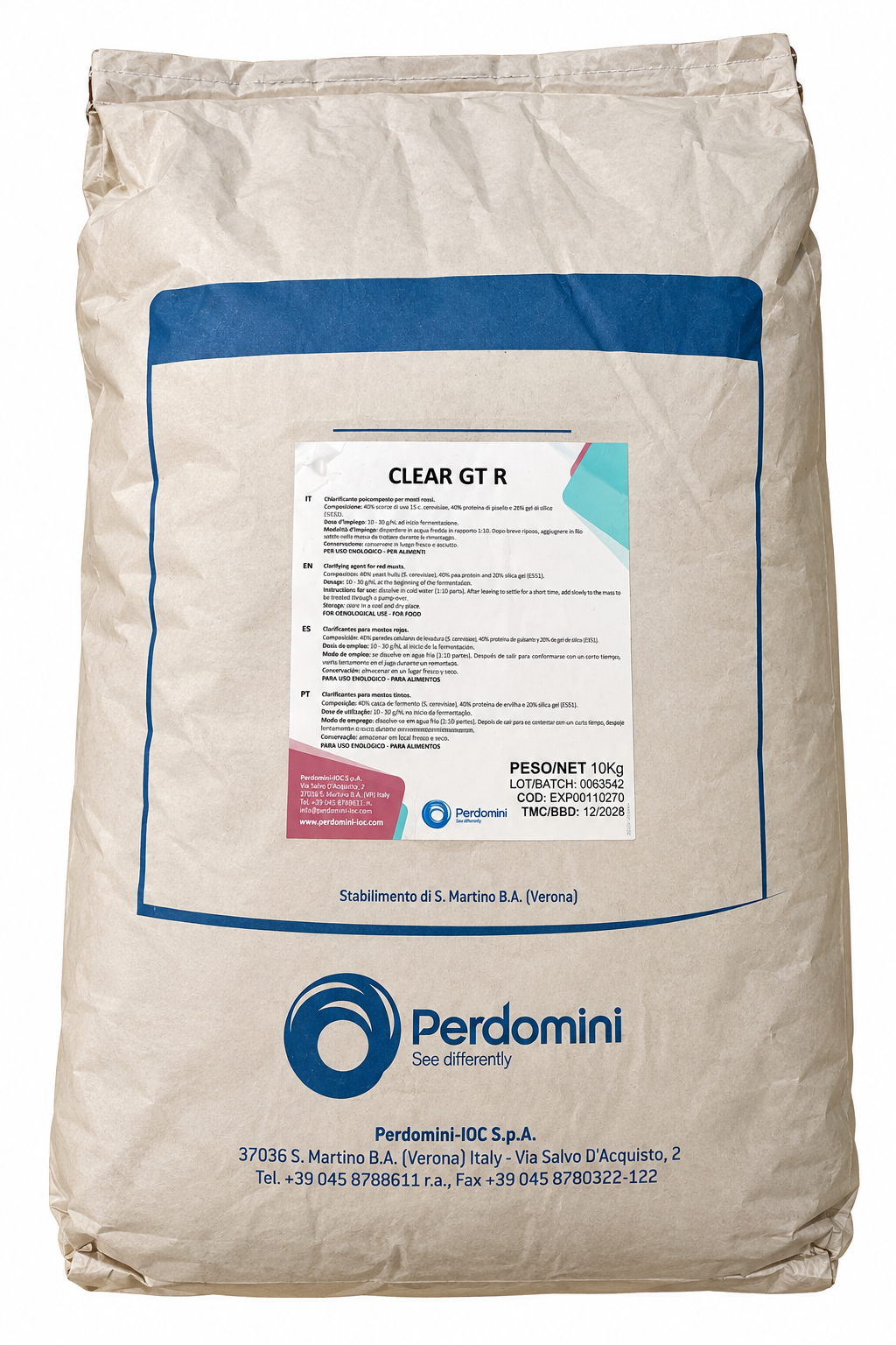 Clarificante Clear GT R – Proteína Vegetal, Hollejos de Levadura y Sílice para Fermentación (10 kg) - Perdomini IOC