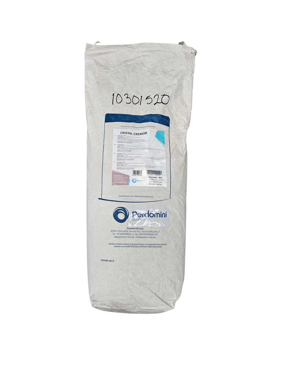Cremor Tártaro Cristalizado – Bitartrato de Potasio para Estabilización Tartárica (8 kg) - Perdomini IOC