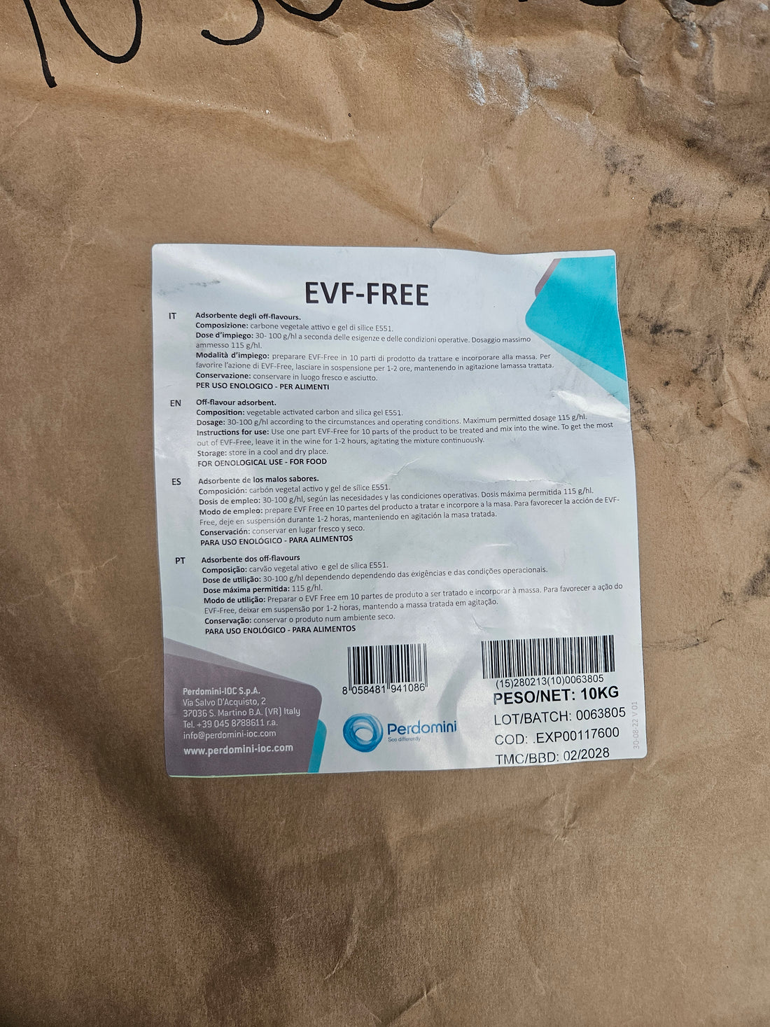 Corrector de aroma EVF-Free – Carbón Activado con gel de silica (10 kg) - Perdomini IOC