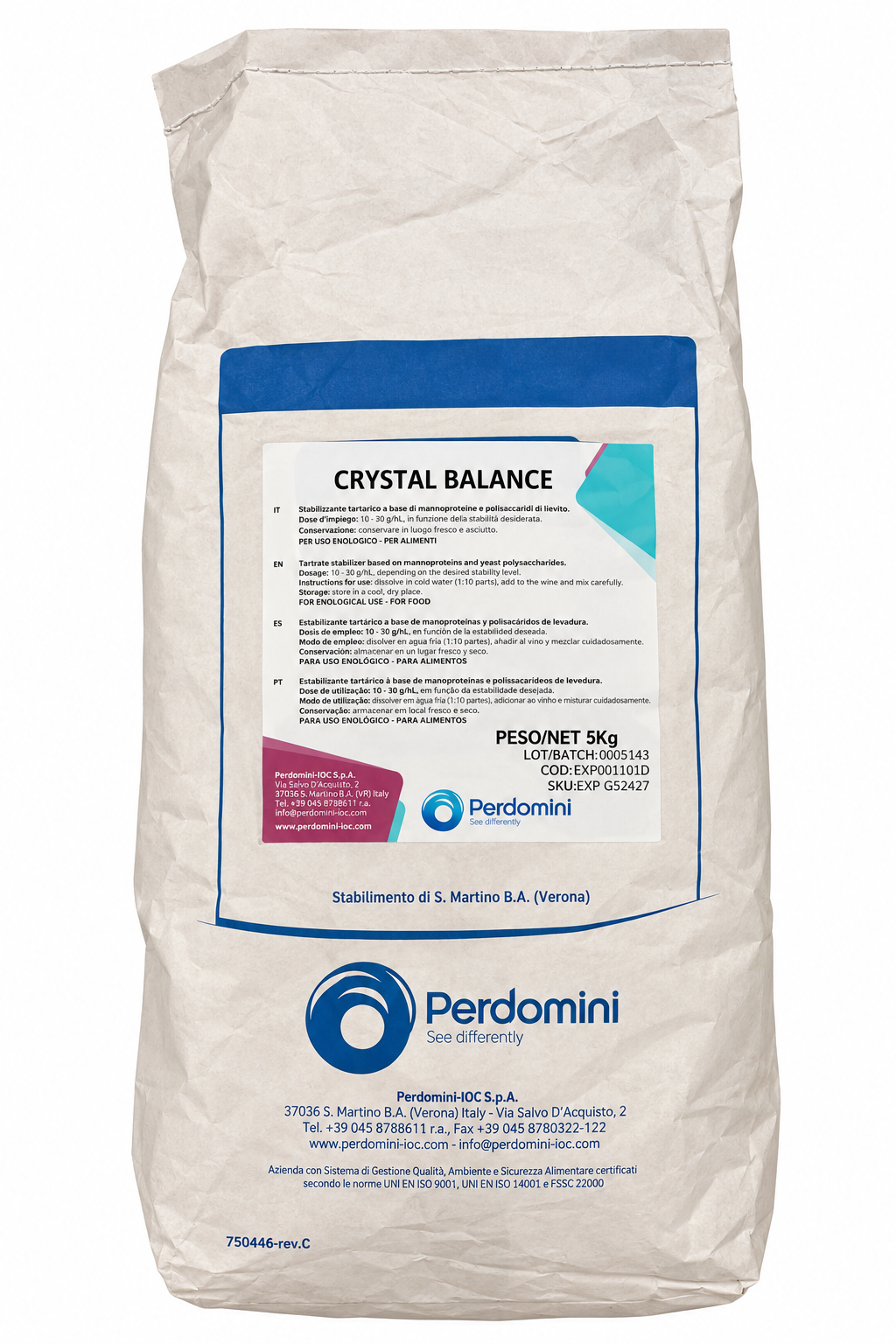 Estabilizante Tartárico Crystal Balance – Carboximetilcelulosa (CMC) para Vinos Blancos y Rosados (5 kg) - Perdomini IOC