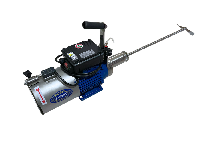 Vista general del agitador desmontable para tanque con conexión sanitaria Tri-Clamp de 2 pulgadas y motor monofásico de 220V, ideal para uso en industrias alimentarias o farmacéuticas.