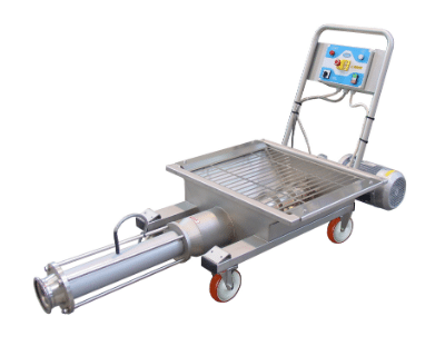 Vista completa de la bomba monovite Zambelli PM12 en acero inoxidable, con tolva de carga integrada y salida sanitaria de 100 mm