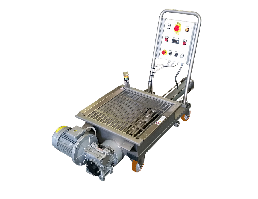 Vista general de la bomba Pompa Monovite PM12 para 12 toneladas, con bandeja de carga y salida sanitaria tri-clamp de 4