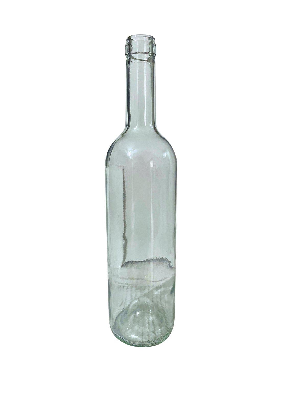 Botella recta de vidrio transparente de 750 ml estilo Burdeos, ideal para embotellar vino blanco artesanal o industrial.