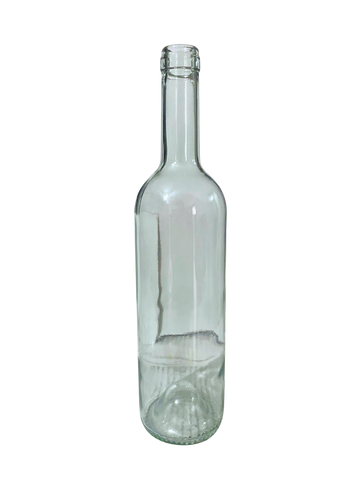 Botella recta de vidrio transparente de 750 ml estilo Burdeos, ideal para embotellar vino blanco artesanal o industrial.
