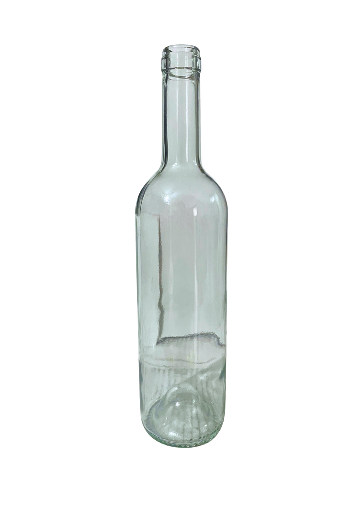 Botella recta de vidrio transparente de 750 ml estilo Burdeos, ideal para embotellar vino blanco artesanal o industrial.