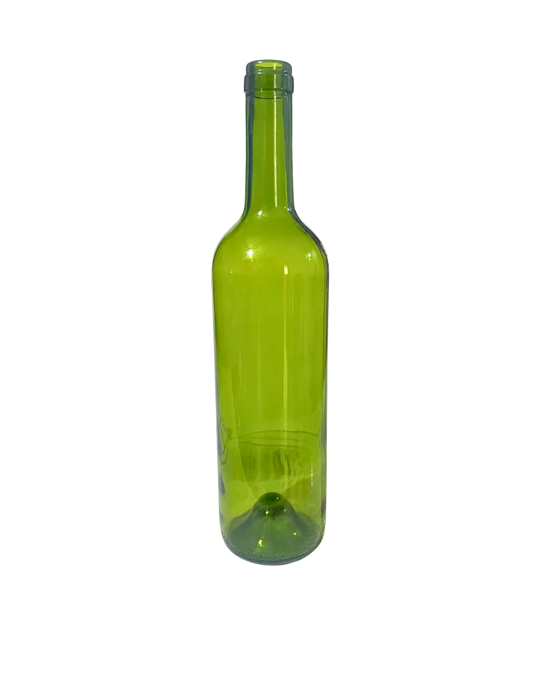 Botella de vidrio verde oliva tipo Burdeos de 750 ml en vista frontal. Ideal para conservar vino con elegancia y protección lumínica.