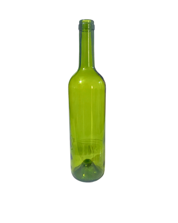 Botella de vidrio verde oliva tipo Burdeos de 750 ml en vista frontal. Ideal para conservar vino con elegancia y protección lumínica.