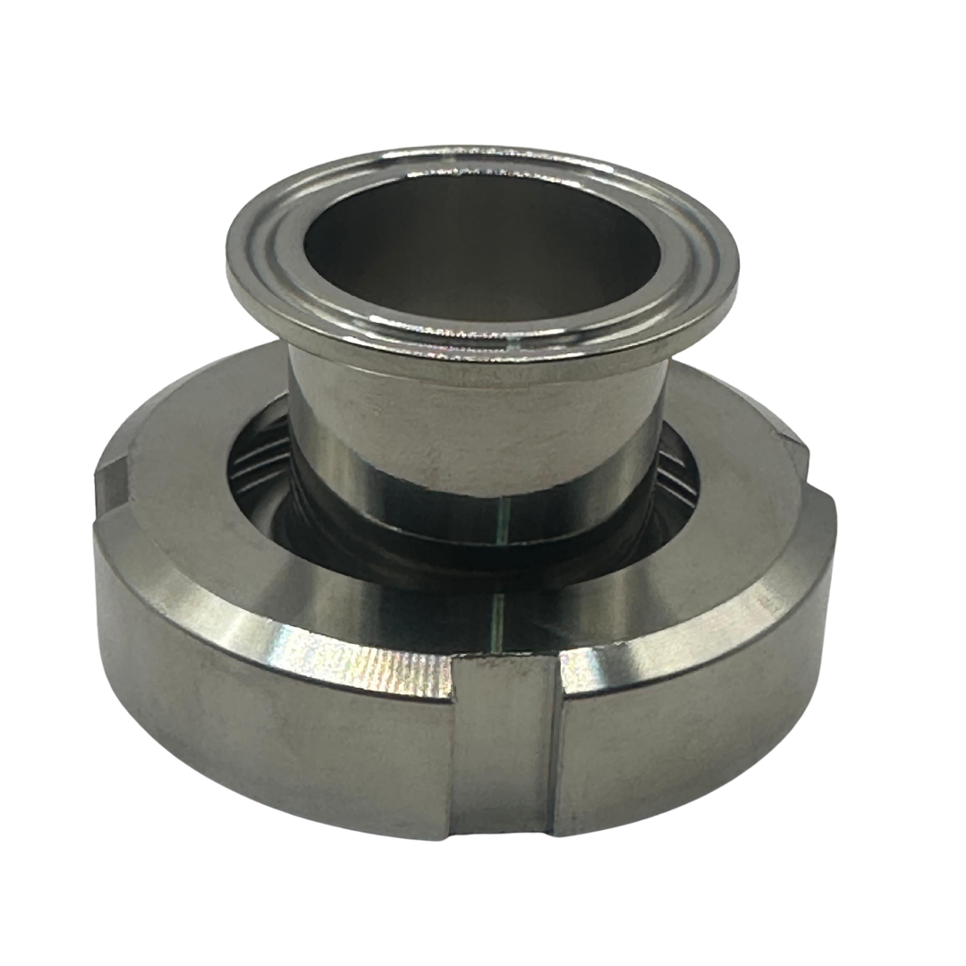 Vista frontal del adaptador sanitario Tri-Clamp a DIN-40 hembra para tanques