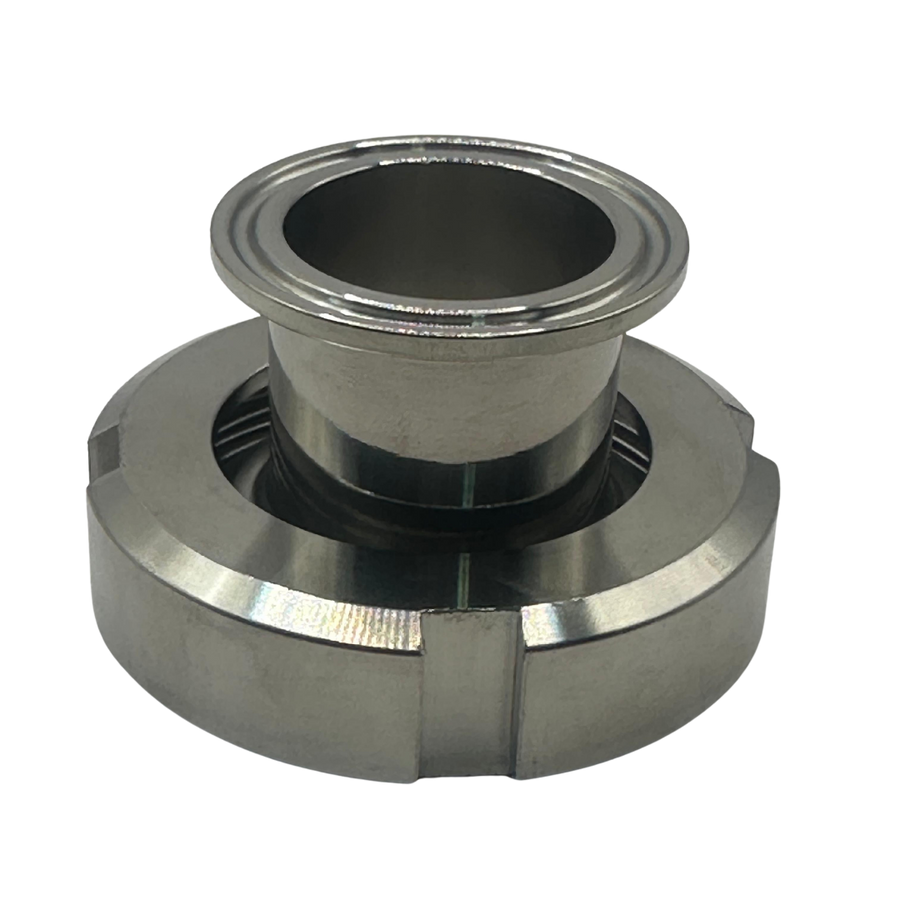 Vista frontal del adaptador sanitario Tri-Clamp a DIN-40 hembra para tanques
