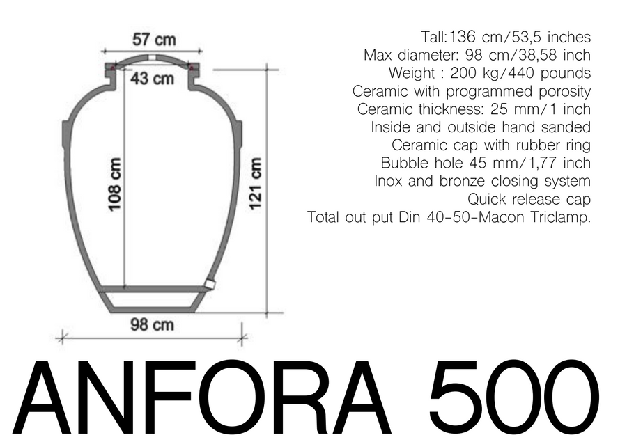 Dibujo de corte de ánfora Sirio 500 L con dimensiones: 136 cm de altura total, 98 cm de diámetro, boca de 43 cm, base de 98 cm y espesor de cerámica de 25 mm.