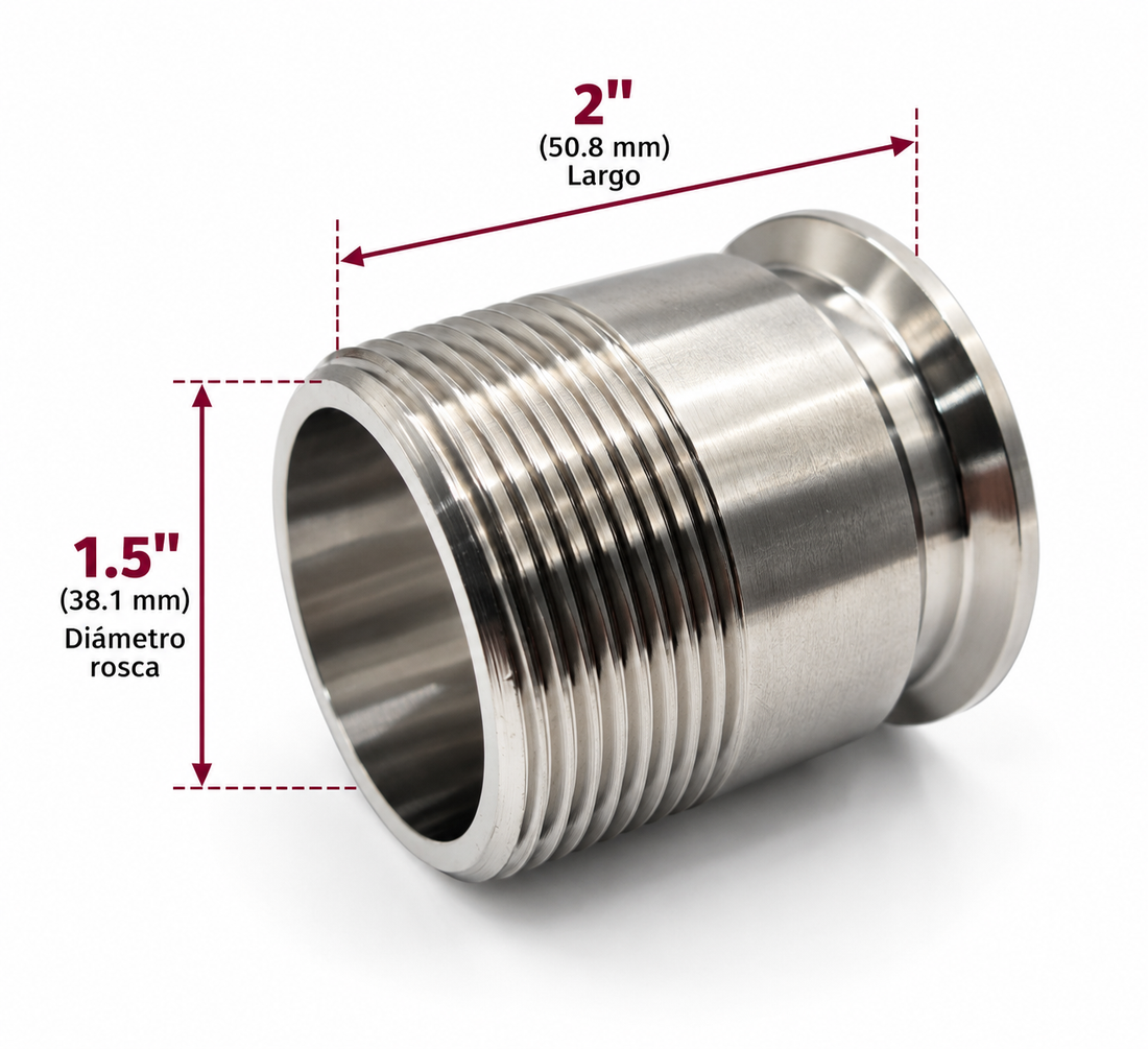 Adaptador Tri-Clamp 1.5" a rosca macho 1-1/2" de acero inoxidable de 2" de alto