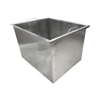 Detalle de Cuba “Pocilla” de recepción con cedazo perforado | acero inoxidable 304 para proceso de uva en bodega