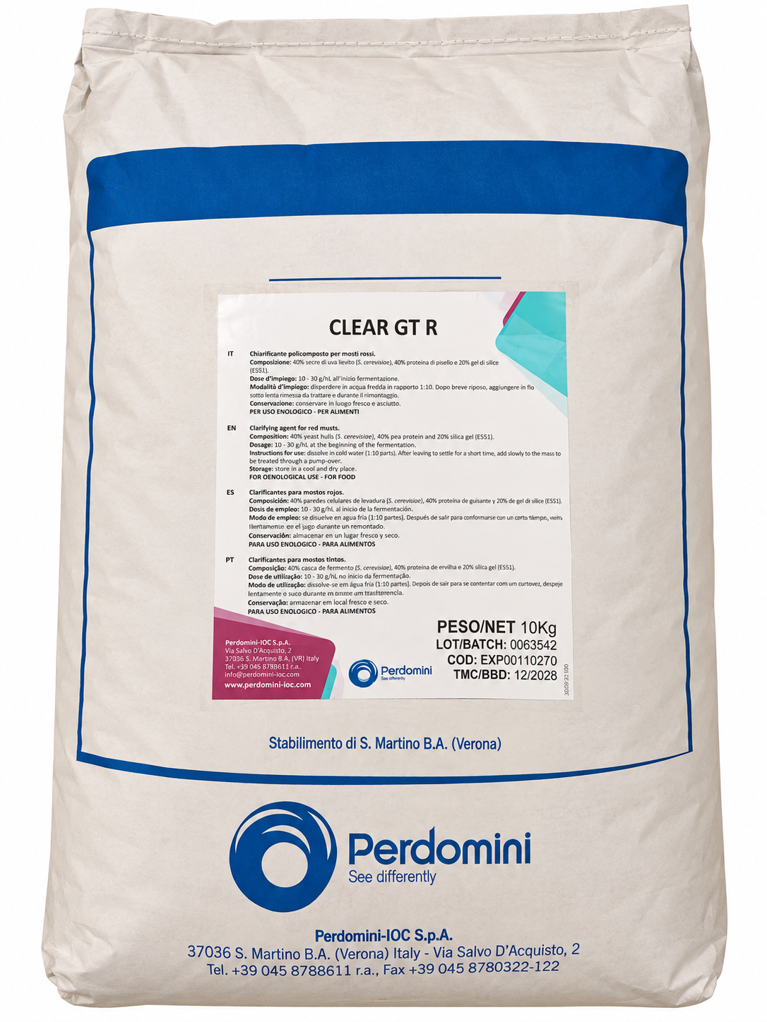 Clarificante Clear GT R – Proteína Vegetal, Hollejos de Levadura y Sílice para Fermentación (10 kg) - Perdomini IOC