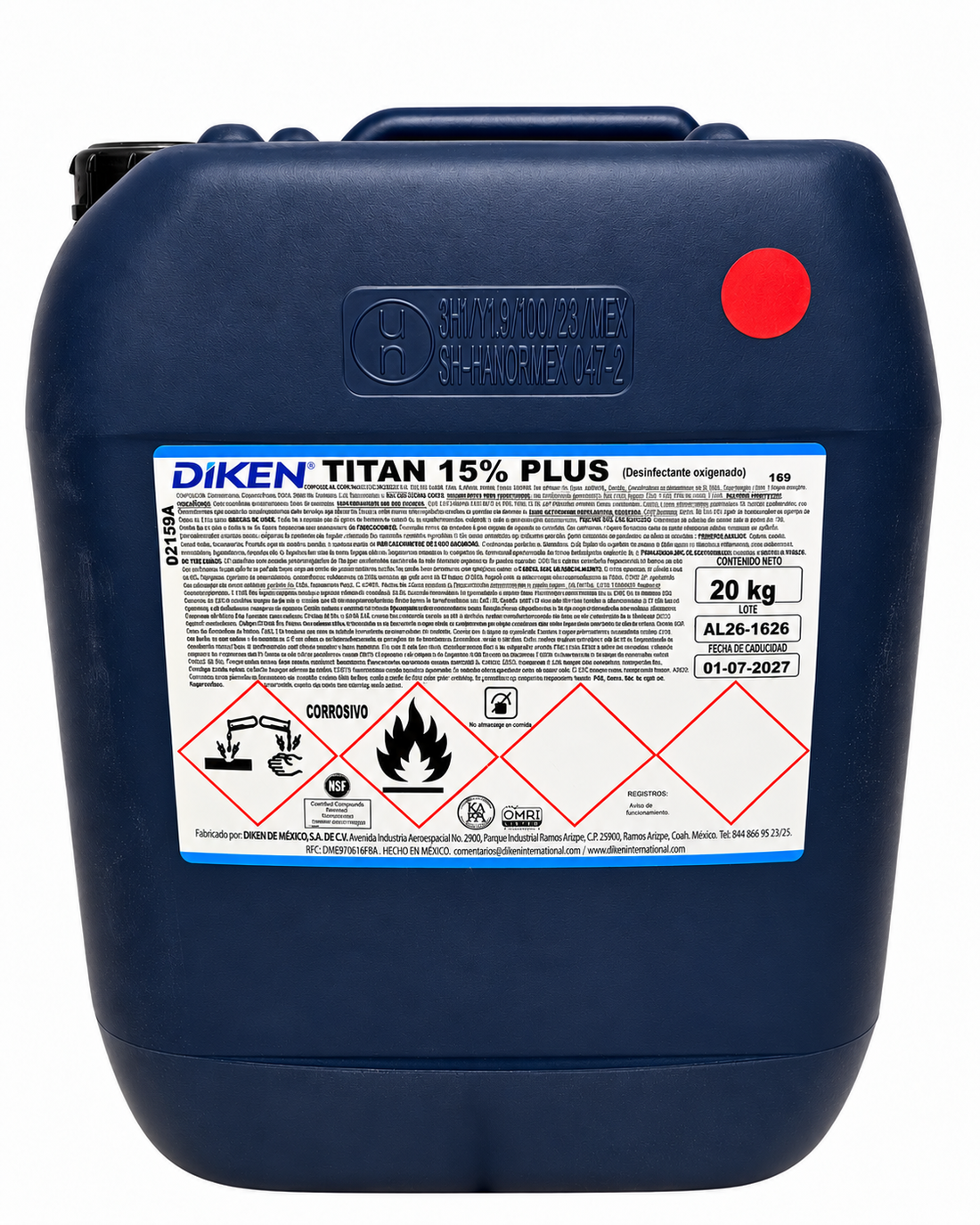 Sanitizante de contacto directo base peracético - TITAN 15% PLUS - Bote 20 Lt