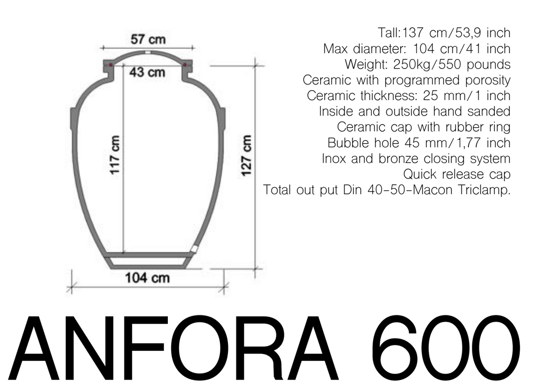 Esquema de corte de ánfora Sirio 600 L con dimensiones: 137 cm de altura, 104 cm de diámetro máximo, interior de 117 cm y bolsa de llenado de 45 mm.